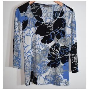 Additions by Chico’s Abstract Print Knit Top Size 1 Gray Black Stretch Floral